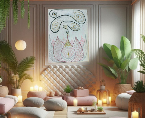 Cuadro Decorativo Minimalista. Serpiente. Flor De Loto. Luna Multicolor Beige