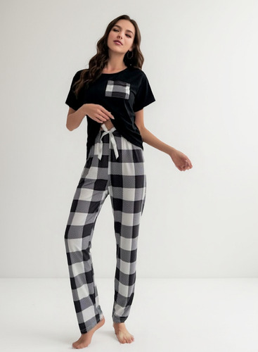 Pijama De Manga Corta A Cuadros Estampado A La Moda