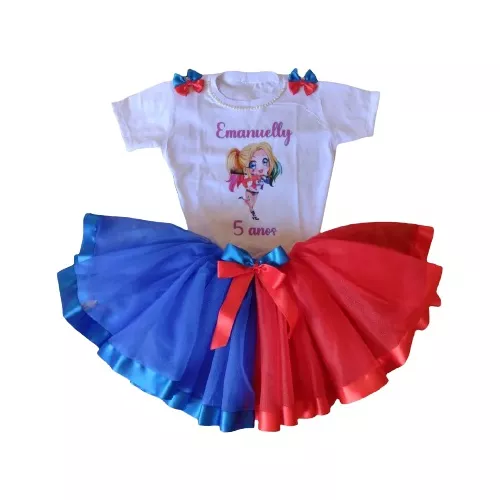 Roupa da arlequina Fantasia Infantil Body Alerquina e Saia de tule vermelha  do tamanho 2 ao 10