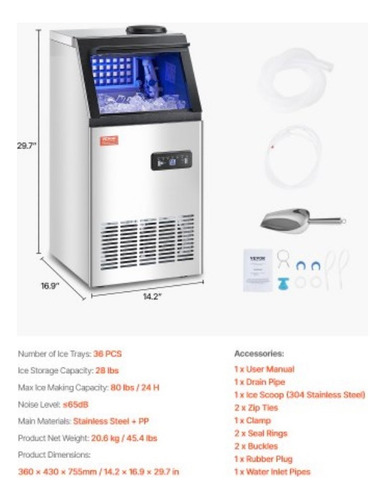 Máquina Para Hacer Hielo En Cubos 80lb/24h Plateado