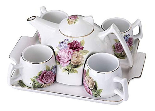 Juego De Té Y Café Porcelana, 4 Tazas Con Bandeja