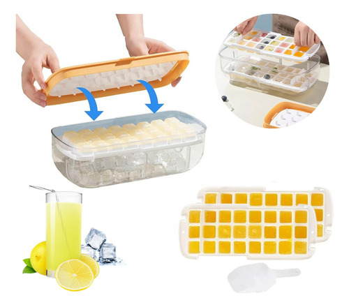 Bandeja De Cubitos De Hielo De Silicona 2 En 1 Con Tapa