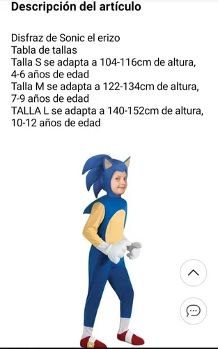 Disfraz Sonic Talle 10