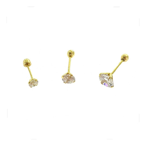 Pack Paquete 3 Pares Arete Broquel Recto Zirconia Oro 10k Kt