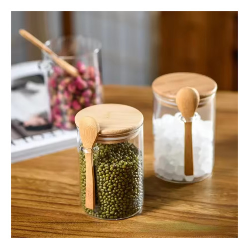 Pack X2 Frasco De Vidrio Redondo Tapa De Bambu 500ml Cuchara Color Transparente