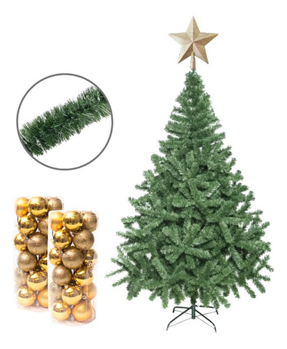 Set Navidad Arbol 1.50 Guirnalda Estrella 15cm Bolas Doradas