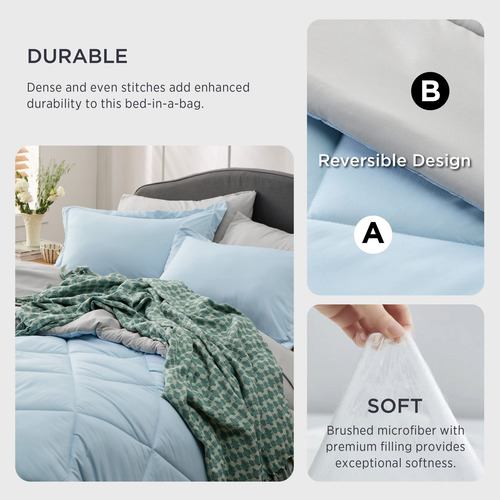 Juego Edredon Y Ropa De Cama Individual Azul Y Gris