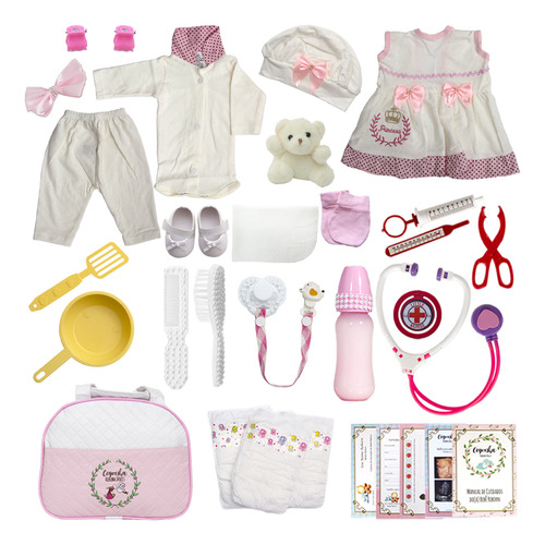 Boneca Conjunto Xodo Rosa Estilo Reborn Loira Completa Diversos Itens Cegonha Reborn Dolls