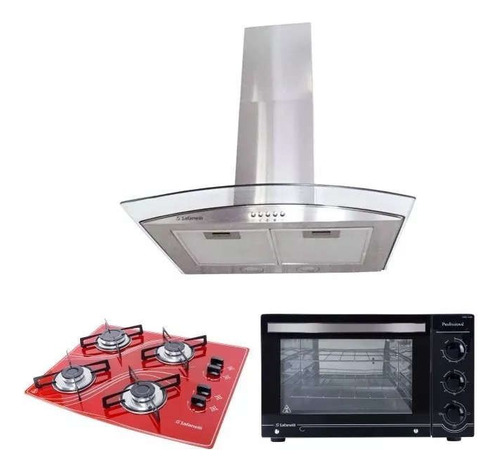 Kit Forno Elétrico + Cooktop 4 Bocas Vermelho + Coifa 60 Cm