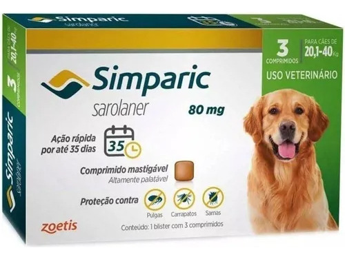 Antipulgas Simparic 80mg 20 A 40kg 3 Comp.