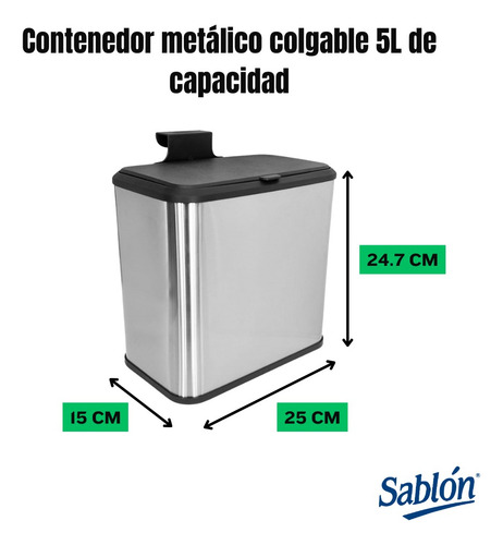 Bote De Basura Colgable Metálico De 5l Con Tapa Color Gris