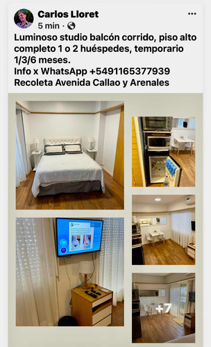 Alquiler Studio En Recoleta Con Muebles 6/12/24 Meses