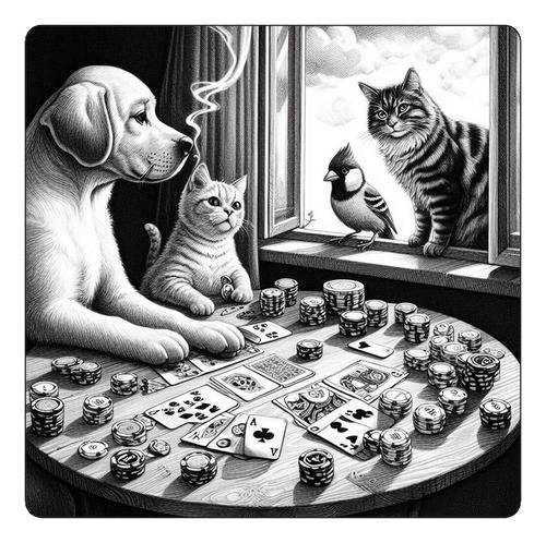 Mousepad Perro Gato Jugando Poker Blanco Negro M3
