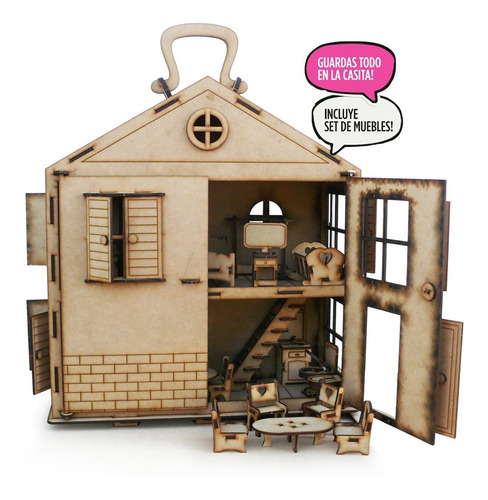 Casita Fibrofacil Casa Lolita Valija + 32 Muebles + Tobogan