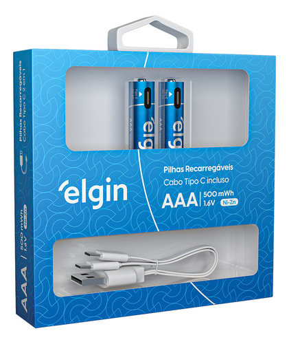 2 Pilhas Recarregável Aaa Tipo C Com Cabo 500mwh Elgin
