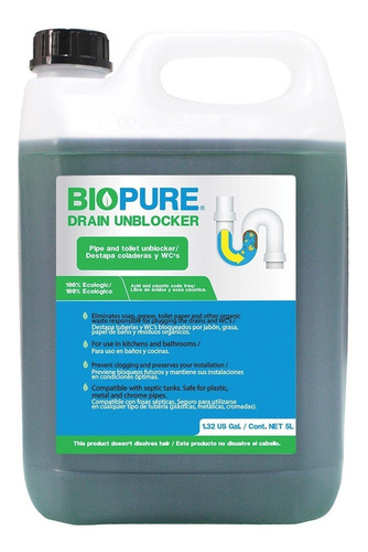 Imagen 1 de 4 de Destapa Coladeras Y Wc´s - Drain Unblocker 5 Litros -biopure