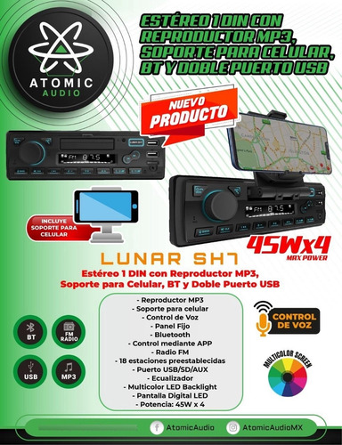 Estereo De Un Din Porta Celulare Atómic Audio Lunarsh7.
