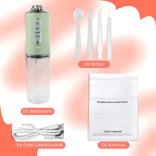 Irrigador de limpieza bucal portátil recargable Bivolt, color verde claro