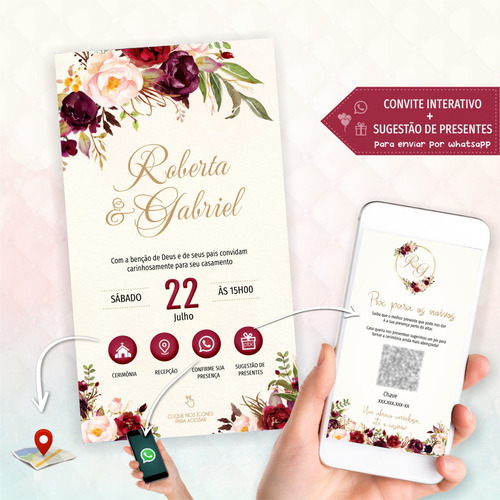 Convite Casamento Marsala Virtual Interativo + Presentes 30