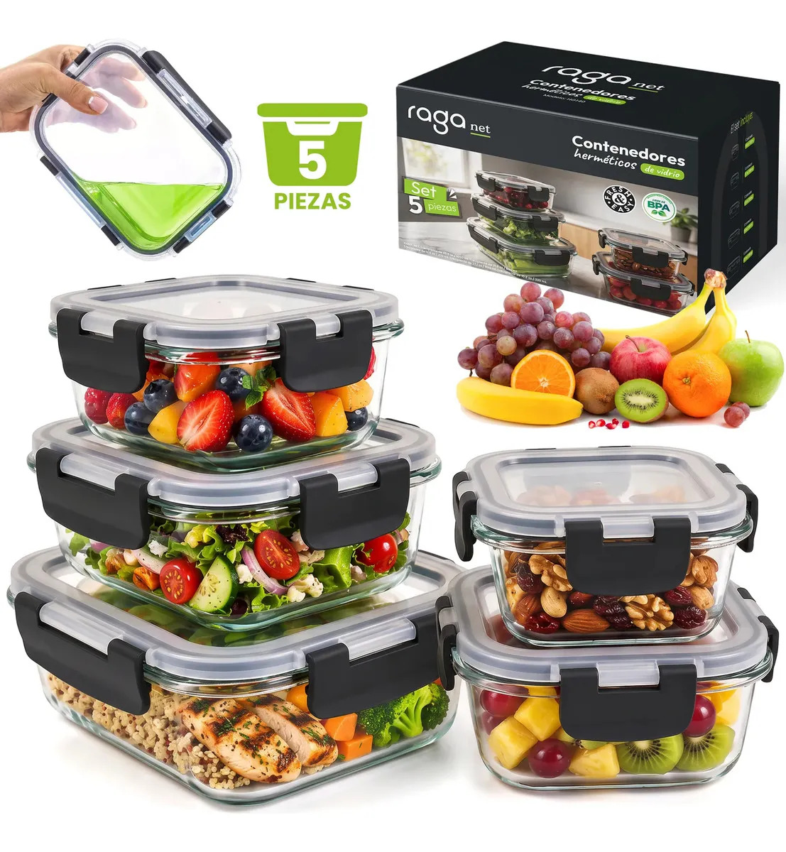 Recipientes Herméticos De Vidrio Almacenamiento Cocina 5 Pz. Transparente