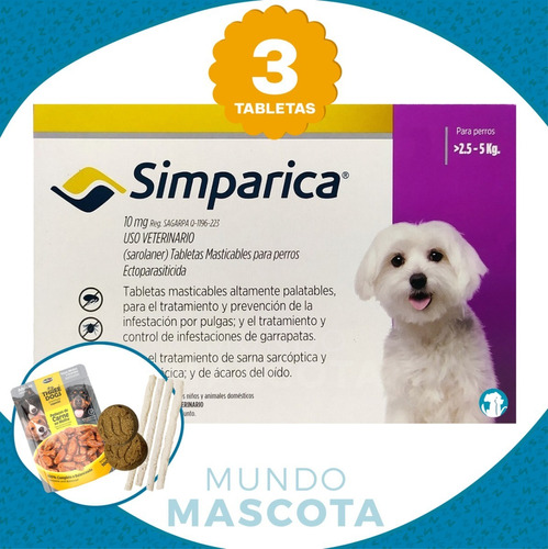 3 Tabletas Antipulgas Y Garrapatas Simparica De 2,5 A 5 Kg