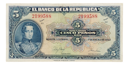 Billete De Colombia 5 Pesos 1950 De Colección 