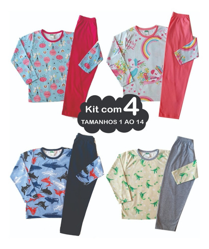 4 Pijamas Femininos Inverno Frio Masculino Infantil Juvenil