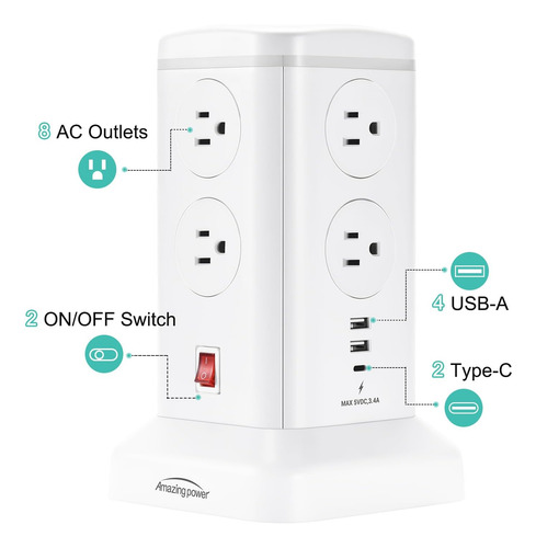 Torre De Regleta Con 6 Puertos Usb Y 8 Salidas Ca De 6.5 Pie