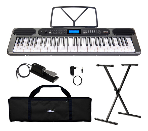 Kit Teclado Musical Kobe Kb-400 61 Teclas Sensíveis Completo Cor Cinza
