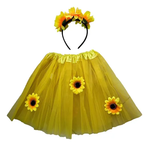 Kit Fantasia Girassol Tiara Saia De Tule Carnaval