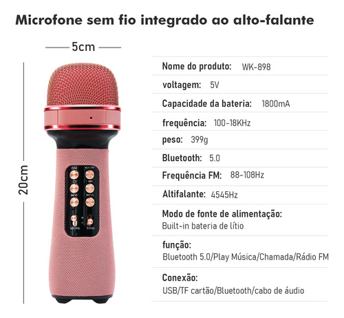 Microfone Sem Fio Com Áudio Bluetooth Karaokê