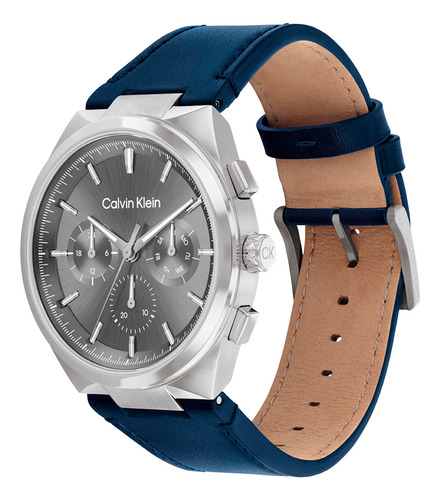 Reloj Hombre Calvin Klein 25200444 Distinguish Correa Azul Bisel Plateado Fondo Gris