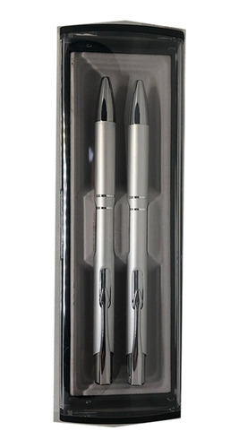 Juego De 2 Boligrafos Roller Y Ballpen Plata 19 Sets Tinta Negro Exterior Plateado