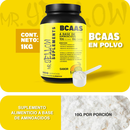Aminoácidos Bcaas 1kg Mr. Yellow Sabores 50 Servicios Mango