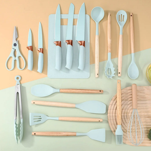 Set Kit Utensilios De Cocina Silicona Y Cuchillos 19 Piezas Blanco