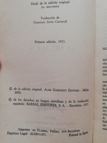 Imagen 4 de 4 de Carlo Emilio Gadda La Mecánica Barral 1971 1a Ed. En Español
