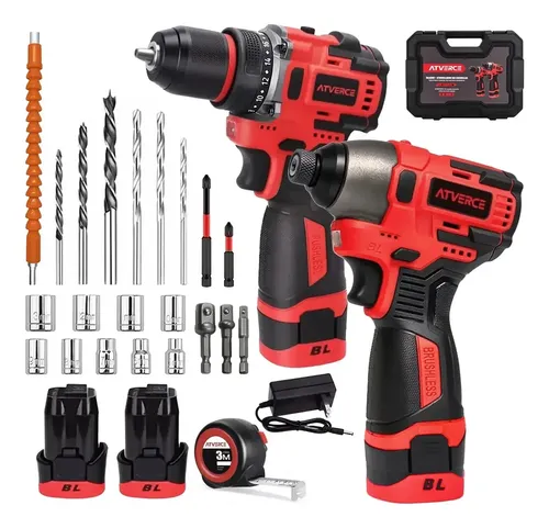 Kit Taladro Atornillador Inalámbrico Atverce Sin Escobillas 2 Baterías