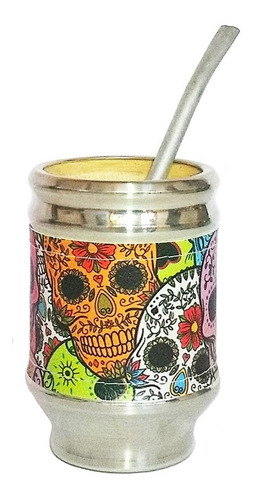 Imagen 3 de 3 de Termo Acero Inoxidable 1 L Y Mate Aluminio Madera Calaveras