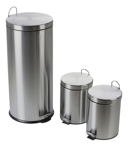 Set De 3 Papelera Basurero  Acero Inoxidable 30 Lts Y 5 Lts 