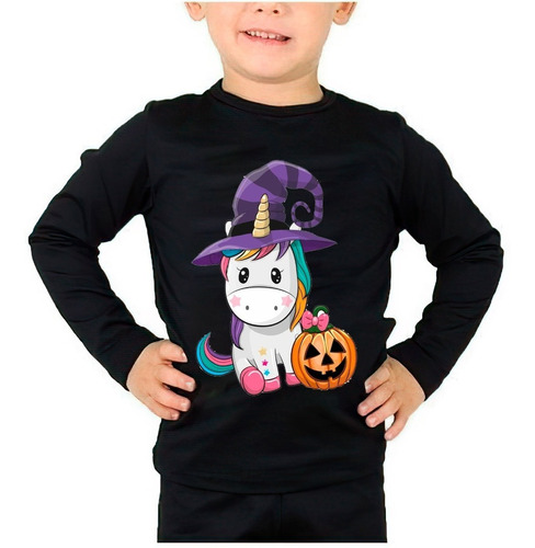 Polera Manga Larga 100% Algodón Diseño Unicornio Halloween 