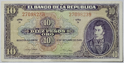 Billete 10 Pesos 12/oct/1949 Colombia Vf