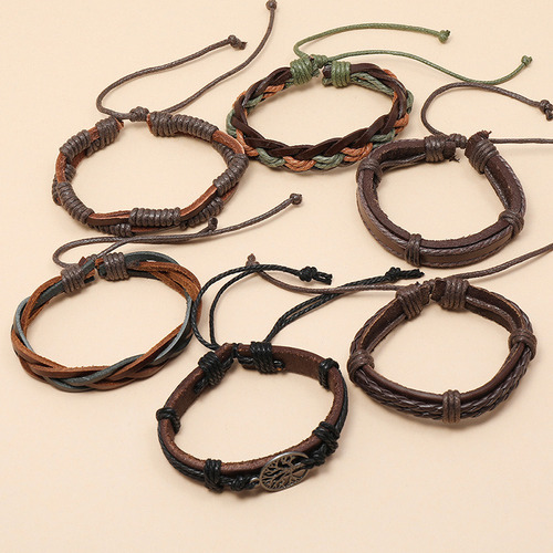 Xing Juego De Pulsera De Piel De Vaca Tejida A Mano De 6