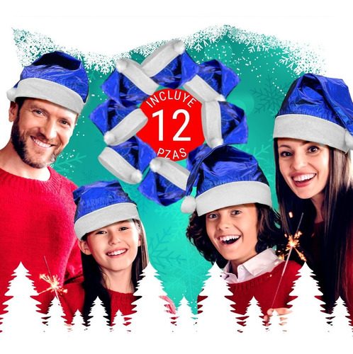 12 Gorros Santa Navideños Azul Metalico Metalizado Navidad