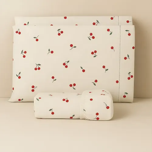 Jogo De Lençol Casal Estampado 3  Peças 100% Algodão Macio Cereja Estampado