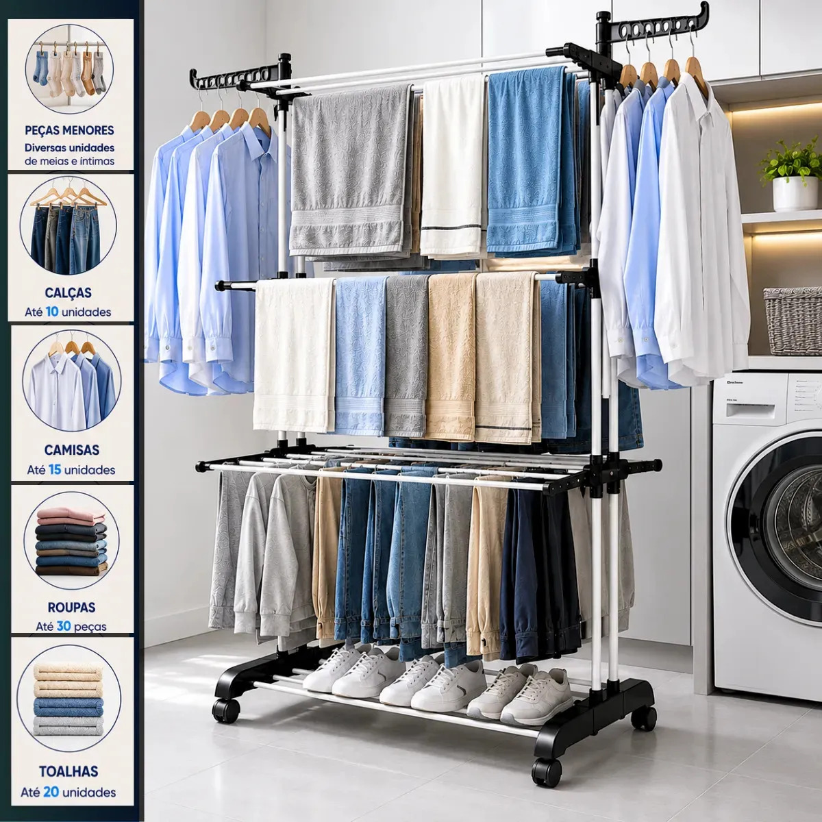 Varal De Chão Grande 3 Andares Retrátil Dobrável Com Rodinhas Roupas Lavanderia Compacto Portátil Cor Preto MARCA: KEY PAPER