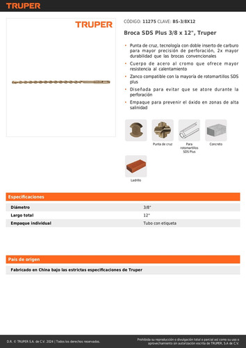 Broca Sds Plus Concreto 3/8'' X 12 30cms 11275 Truper