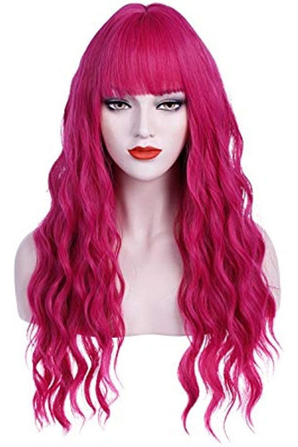 Incohair 27 Pulgadas Peluca Rosa Fuerte Con Flequillo Largo 