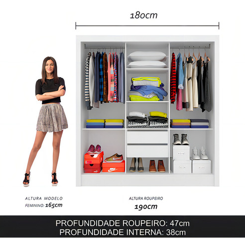 Guarda Roupa 3 Portas De Correr Casal Aurora Branco - M.a