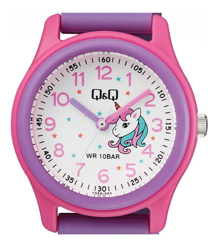 Reloj Q&q Niña Unicornio Números Y Manecillas Morado Color del bisel Rosa Color del fondo Blanco