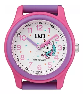 Reloj Q&q Niña Unicornio Números Y Manecillas Morado Color del bisel Rosa Color del fondo Blanco